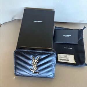 Saint Laurent Quilted Leather Zip Wallet - Black with Gold Logo